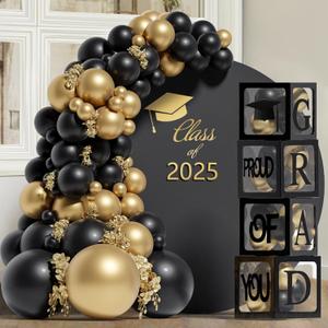 Graduation Decorations 2025, 130pcs Black Gold Graduation Party Decorations - Graduations Balloon Boxes with Letters,GRAD,ClASS OF 2025,PROUD OF YOU and Cap,Balloon Arch Kit for Grad Party Supplies