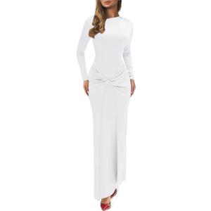 Mojessy Women Bodycon Maxi Dress Sexy Mock Neck Ruched Long Sleeve Long Dress Cocktail Party Dresses (Medium, White)