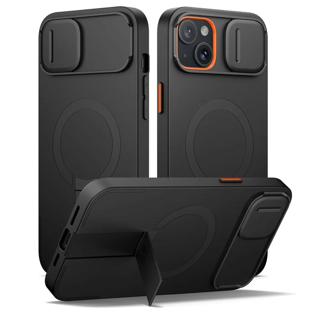 SURITCH for iPhone 14 Plus/15 Plus Case with Magnetic Camera Slide Cover and Adjustable Kickstand, Compatible with MagSafe, Shockproof Bumper Case Slim Protective Cover 6.7 Inch, Black