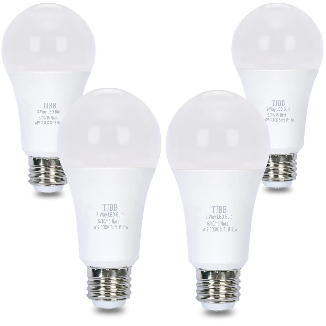 TJBB UL Listed 4-Pack 3 Way Light Bulbs Soft White 3000K 50 100 150 Watt Equivalent, Perfect for Reading, Standard A19 Indoor Led Bulb, 5/10/15 Watt Energy Efficient Bulb