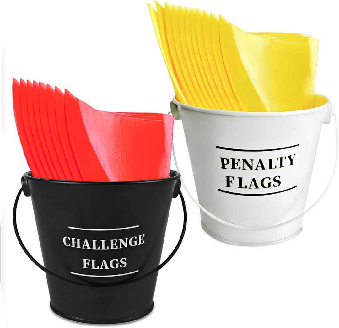 42 Pcs Football Party Decoration Original Penalty Flags Sign Set with 2 Metal Pails and 40 napkins – Football Party Decoration Referee Challenge Flags for Sports Party Decorations