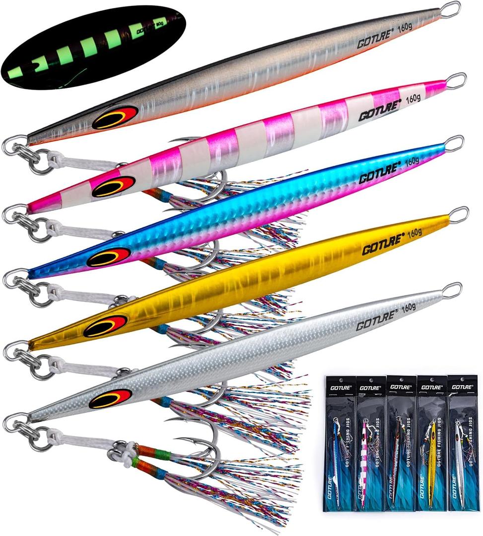 Goture 5pcs Vertical Fishing Jigs - Saltwater, Luminous Slow Jigging with Japan Import Laser Lead Vertical Jigs 2.82/5.64/7.05 Oz