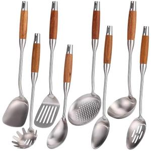 18/10 Stainless Steel Kitchen Utensils Set with Wood Handle - 15Metal Cooking Tools & Serving Utensil, 8-Pieces Cooking Spoons Set - Spatula, Ladle, Skimmer, Turner, Pasta, Solid Spoon, Slotted Spoon (Silver)
