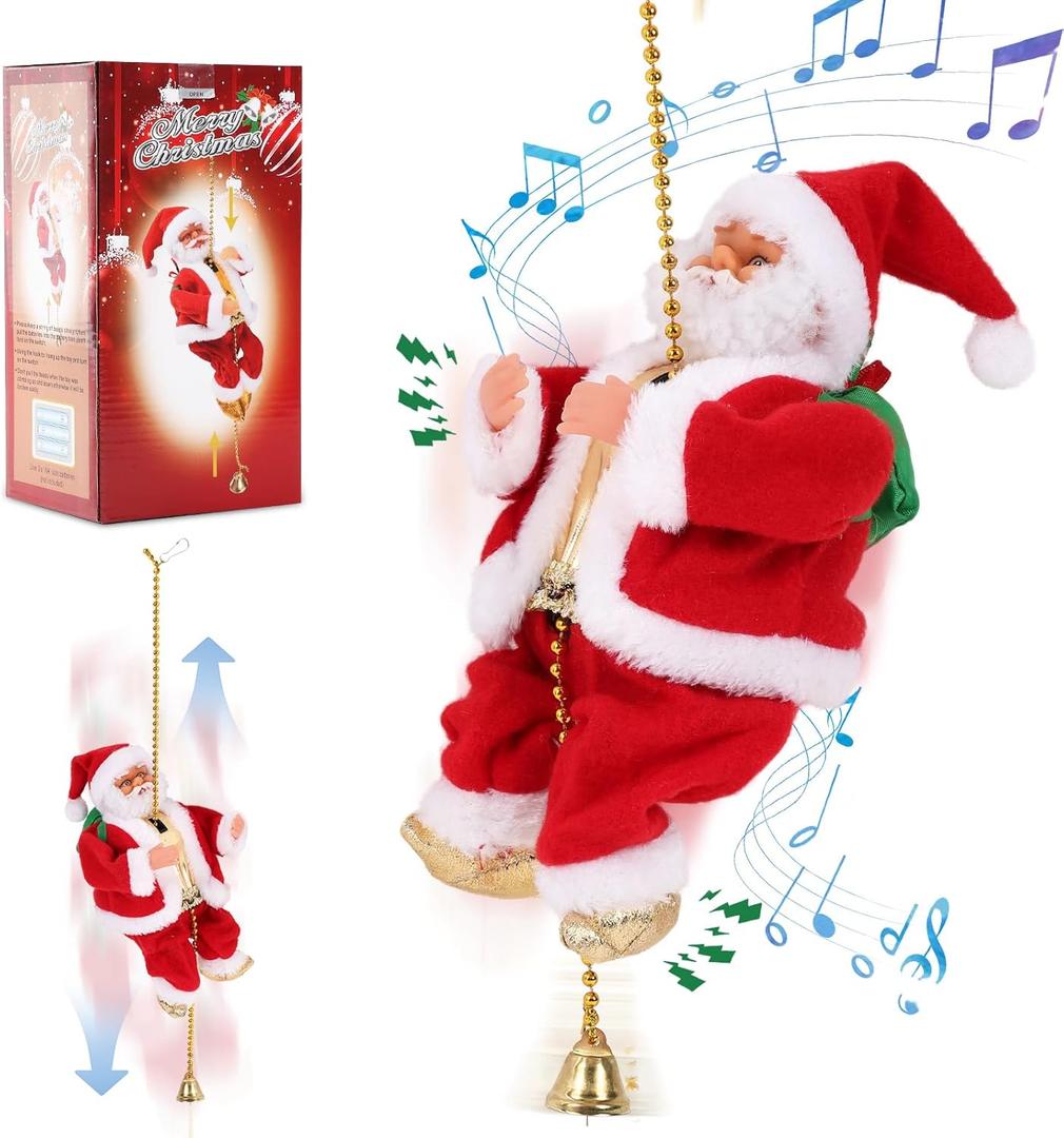 Climbing Santa with Music, Christmas Tree Pendant Ornament Novelty Climbing Santa Claus on Rope, Holiday Decoration, Great Gift