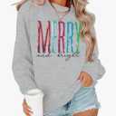 Merry and Bright Sweatshirt Women Merry Christmas Letter Print Long Sleeve Sweater Xmas Crewneck Pullover Casual Blouse Tops XL