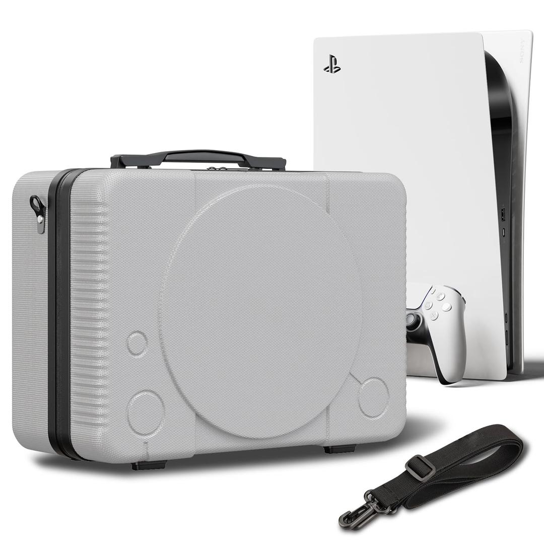 PS5 Carrying Case, Compatible with PlayStation 5 Console/Controllers/Headset/Games - Protective Travel Case with Hard Shell & Customized Foam for Storage (Classic PS1 Style) - Not for PS5 Slim, Large