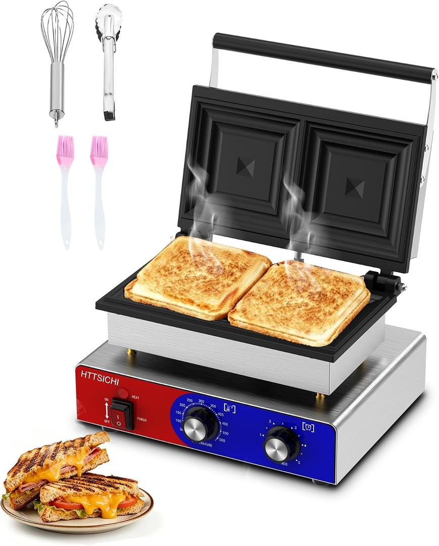 Commercial Sandwich Press, Adjustable Temp 0–550°F & Timer Electric Sandwich Maker, Stainless Steel Panini Grill Press Sandwich Maker w/Non-Stick Plates, Makes 2 Grilled Cheese Sandwiches