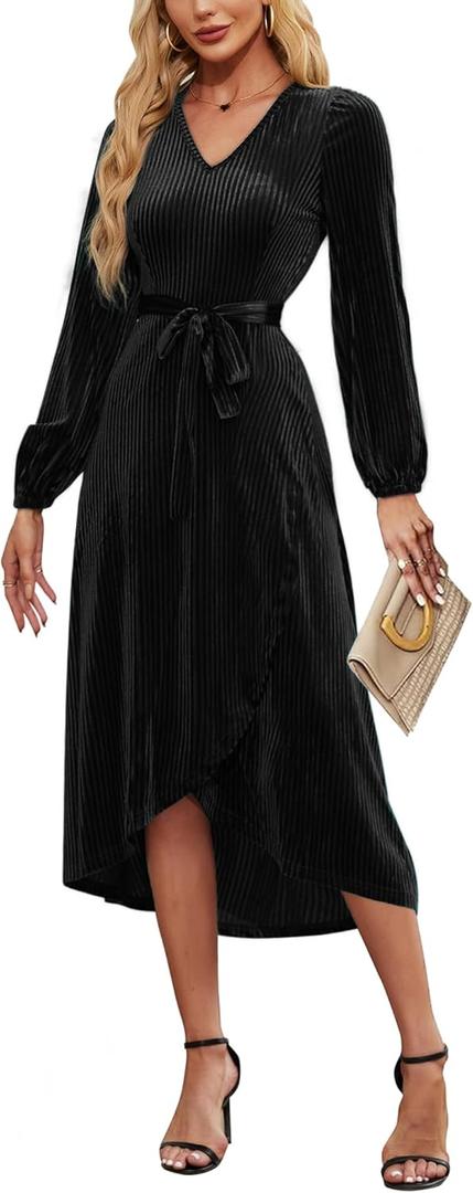 Women's Velvet V Neck Puff Sleeve Dress for Wedding Guest Cocktail Elegant Bodycon Party Midi Dress (Black, XL)
