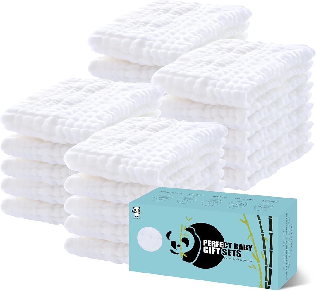 HIPHOP PANDA 20 Pack 6-Layers Muslin Burp Cloths Large - Durable 100% Cotton - Baby Essentials Extra Absorbent and Soft Boys & Girls Rags for Newborn Registry (White, 20" X10")