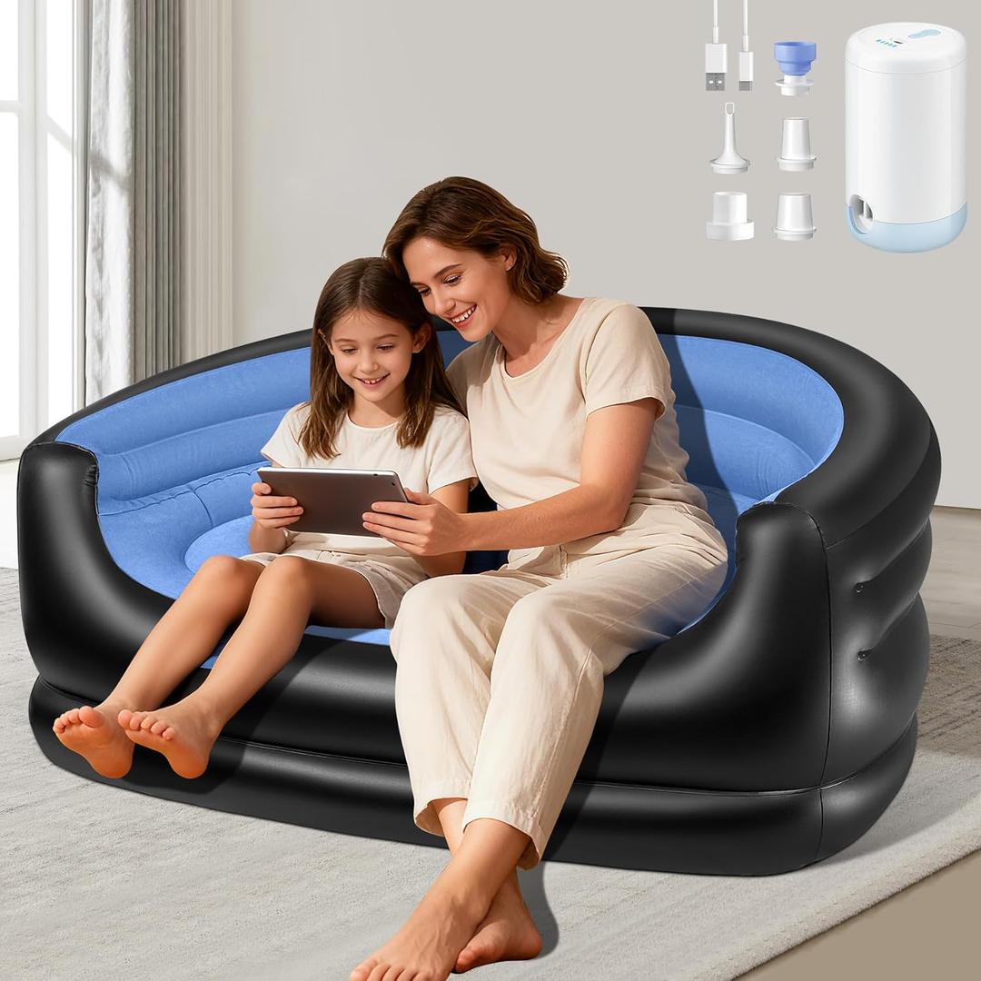 Twin Size Inflatable Couch, Blow up couch with Pump,Flocked Surface Inflatable Chair for Adults, Portable Air Sofa Inflatable Couch, Waterproof Air Couch,Comfortable Blow up Couch for Camping