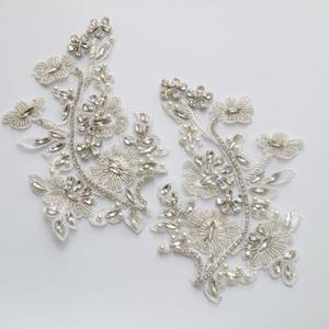 G-RUI 2pc/Pair Luxury Beaded Sequin Golden Silver Flower Embroidery lace Appliques for Wedding Dresses Rhinestone Applique Patches Embroidery lace parches ropa… (Silver)