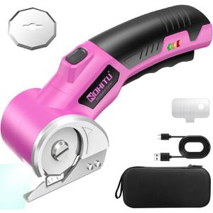 Cordless Electric Scissors: 4V Rechargeable Rotary Cardboard Cutter, 3000mAh Battery, with LED Light, 2 Blades, Box Cutter for Fabric Carpet Carton Plastic Leather Cloth (Pink)