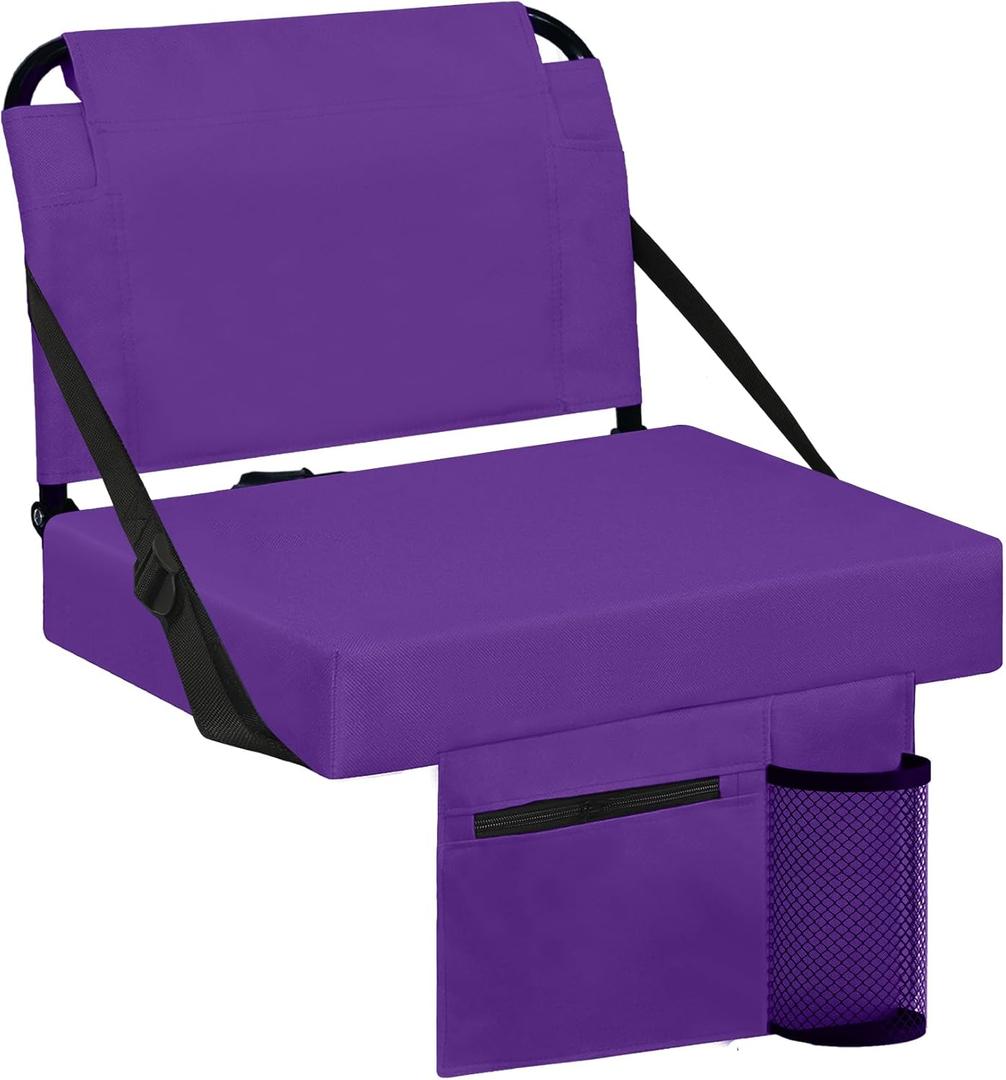 Stadium Seat for Bleachers with Back Support and Wide Padded Cushion Stadium Chair - Includes Shoulder Strap and Cup Holder (Purple)
