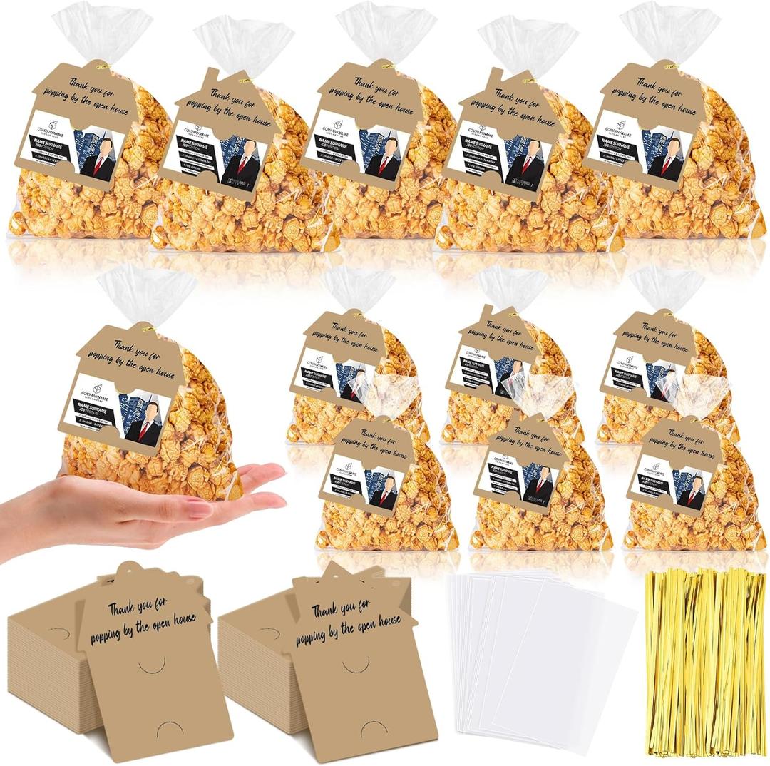 150 Set Open House Popcorn Bags with Tag Real Estate Agent Business Card Paper House Shaped Gift Popcorn Candy Biscuits Bags Open House Signs for real estate for Estate Agent Favors (2 Style)