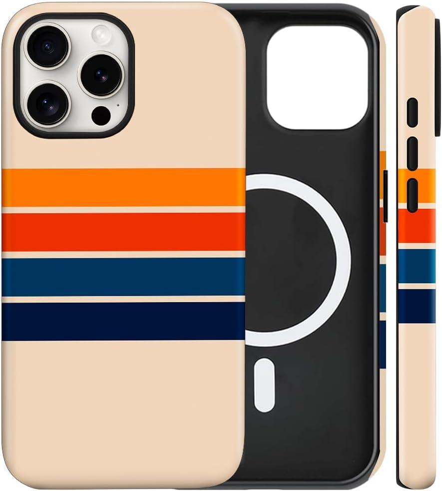 Magnetic for iPhone 13/14 Case Cute Stripes Phone Case, Shockproof Slim TPU and Hard PC Protective Phone Cover Compatible with MagSafe Designed for Women Girls,Retro