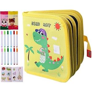 Reusable Scribble Book and Markers Set with Storage Bag, Travel Drawing Kit with 6 Drawing Surfaces & 3 Markers, Quiet Busy Book for Parent-Child Activities & Kids Gifts(Green Dino, Page 6)