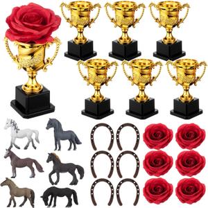 Roshtia 24 Pcs Horsing Racing Party Decoration Derby Day Table Centerpieces Golden Trophy Horseshoe Red Rose and Horse for Horse Themed Birthday Party Favor Bulk