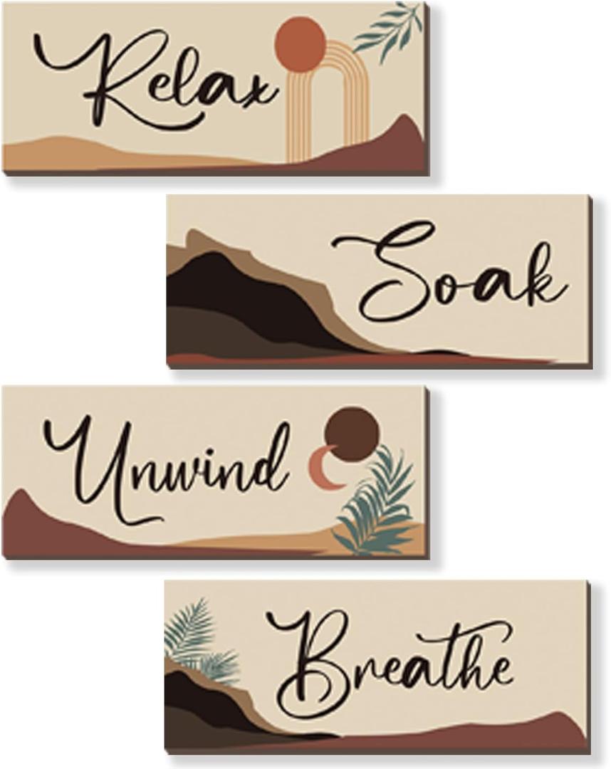 4 Pcs Boho Bathroom Decor with Relax Soak Unwind Breathe Relaxing Quotes Bohemian Wooden Hanging Wall Art Farmhouse Abstract Decoration for Bedroom Living Room Office (10X4 Inch)