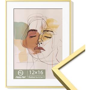 HappyHapi 12x16 Gold Picture Frame - Aluminum Frame Fits 8.5x11 with Mat or 12x16 Without Mat, Rustproof Gold Decor - 1 Pack