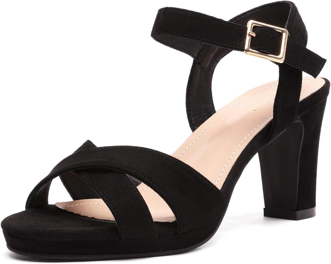DREAM PAIRS Women's Chunky Heels Open Toe Ankle Strap Sparkly Heels Pump Sandals, Size 7.5,Black/Suede,ICE-1