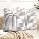 Farmhouse Pillow Covers 20x20, Modern Accent Square Throw Pillow Covers Set of 2, Navy and Beige Striped Patchwork Linen Decorative Pillows Cushion Covers for Couch Chair Bedroom Fall Decorations