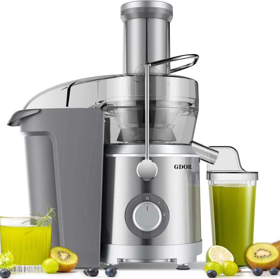 GDOR 1300W Extra Large Juicer Machines with Larger 3.2 Feed Chute, Titanium Enhanced Cut Disc Centrifugal Juice Extractor, Full Copper Motor Heavy Duty for Whole Fruit and Vegetable, Silver, XL