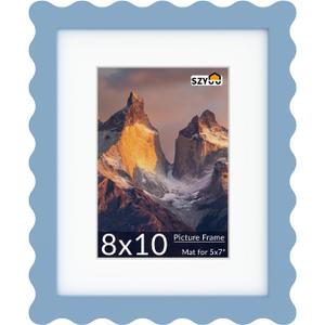 8x10 Wavy Picture Frame with Mat for 5x7, Real Glass and Wooden Frame - Tabletop or Wall Hanging Photo Frame (Pack of 1, Blue)