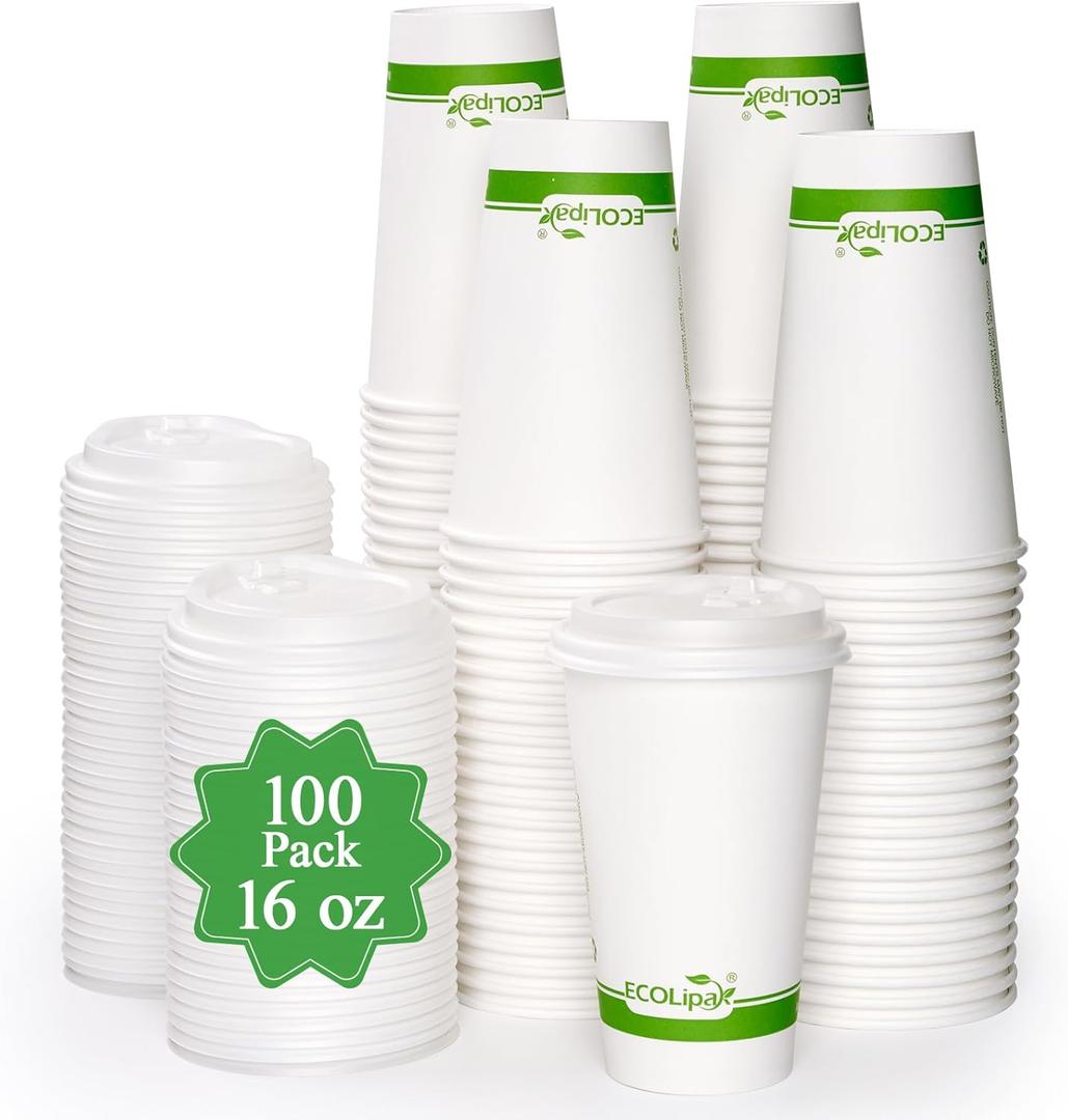 ECOLipak 100 Count 16 oz Compostable Paper Coffee Cups, Biodegradable Disposable Coffee Cups with CPLA Lid, Eco-friendly Hot Drinking Cups for Parties, Picnics, Travels,and Events