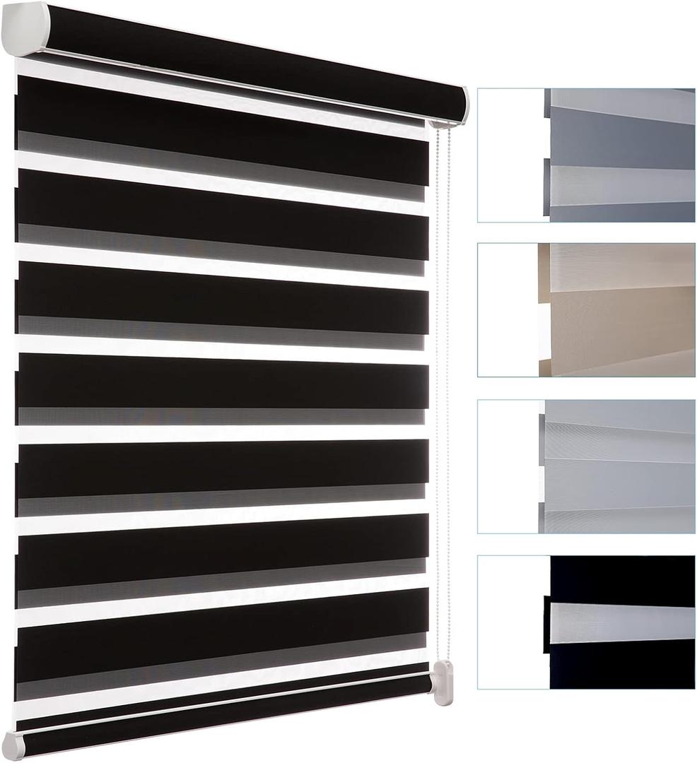 MYshade Custom Size Zebra Roller Shades Blackout(85%) Corded Zebra Blinds for Indoor Windows Dual Layer Black Shades for Bedroom Bathroom Living Room Office Easy to Install