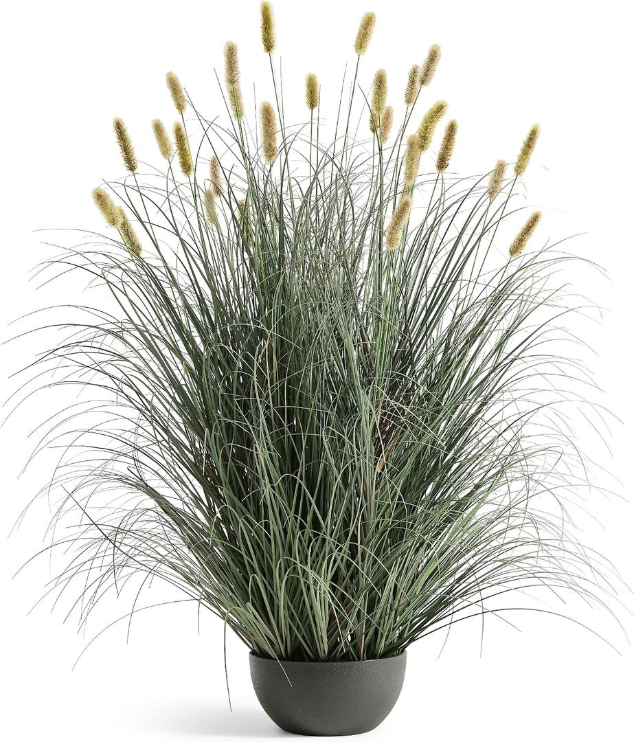 FloraFairy 4ft Onion Grass, Artificial Plant and Greenery, Fake Floor Plants Indoor Outdoor, Potted Faux Green Bristlegrass with Yellow Spikes, Large Size Horsetail Reed Grass, House Decorative