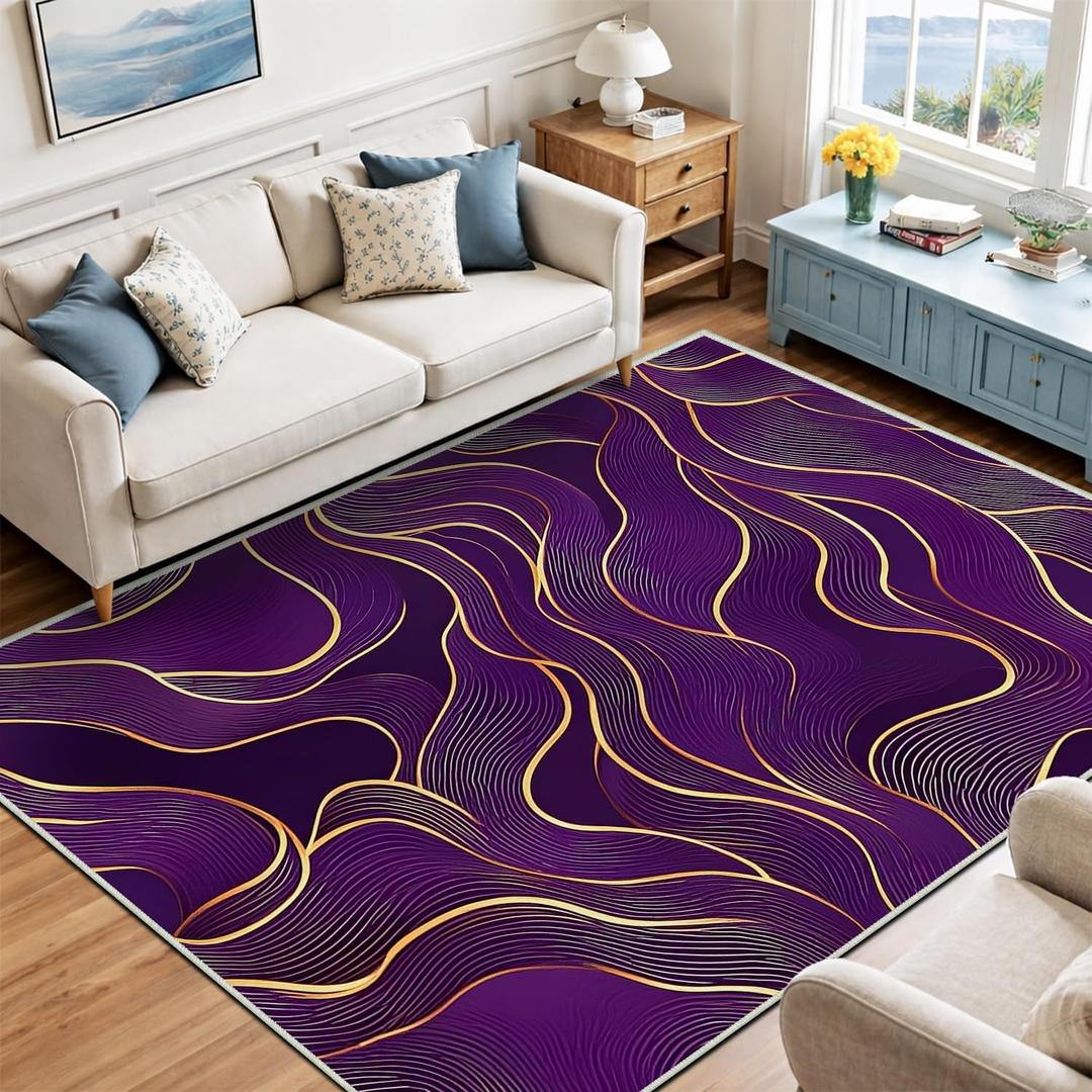 8x10 Area Rug Purple Gold Modern Rug for Living Room Indoor Machine Washable Abstract Rugs for Bedroom Ultra Soft Dining Room Large Carpet Non-Slip Non-Shedding Throw Rug for Home Office