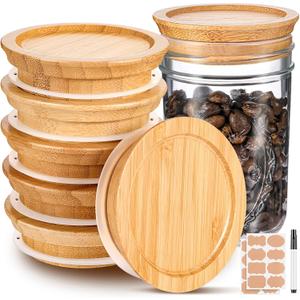 6 Pack Wooden Wide Mouth Lids for Mason Jars with Silicone Airtight Reusable Bamboo Wooden Storage Lids with 2 Label and 1 Pen