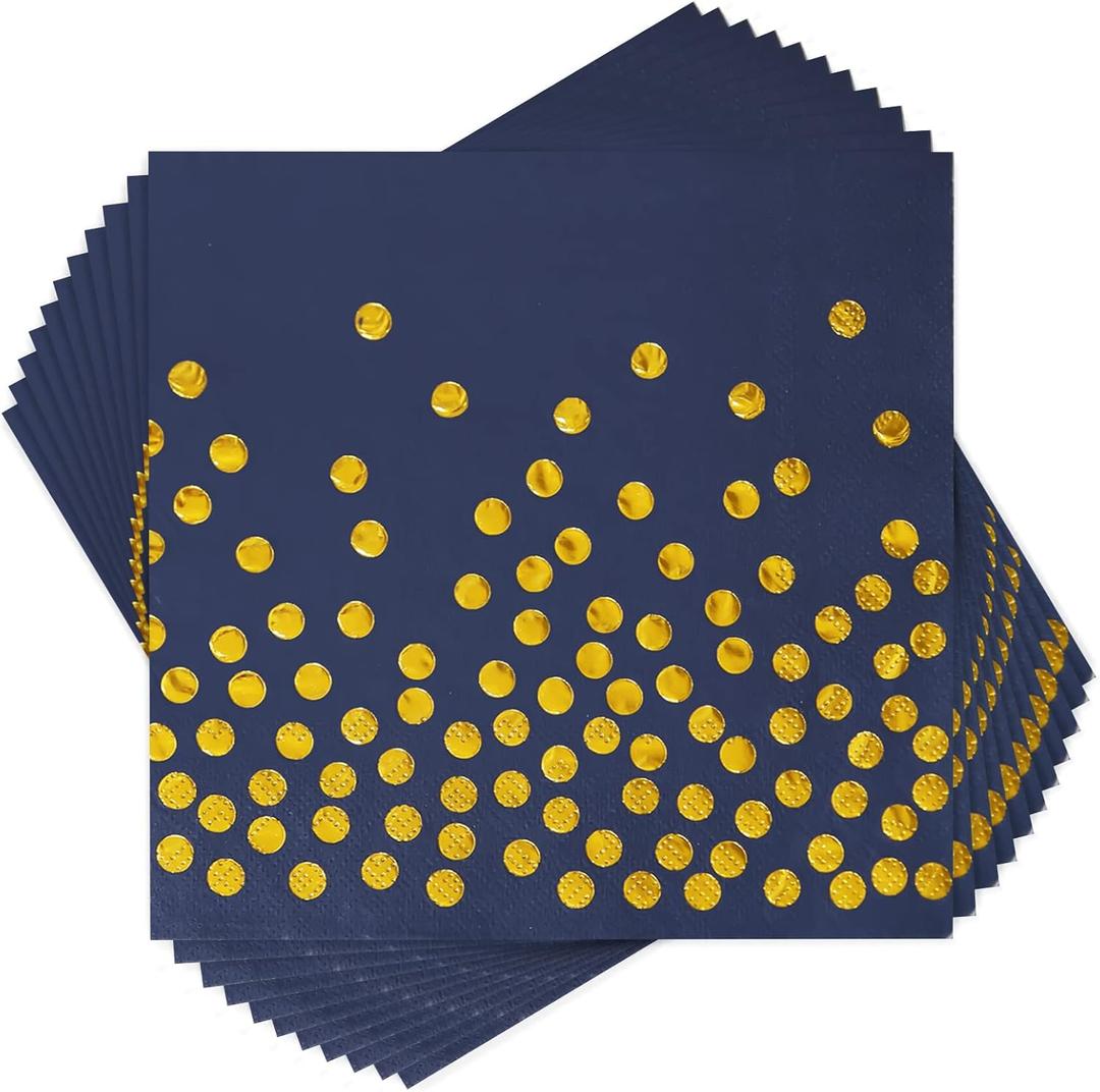 100PCS Blue Party Napkins Gold Dot Cocktail Paper Napkins Beverage Napkin for Birthday Wedding Dinner Disposable Supplies