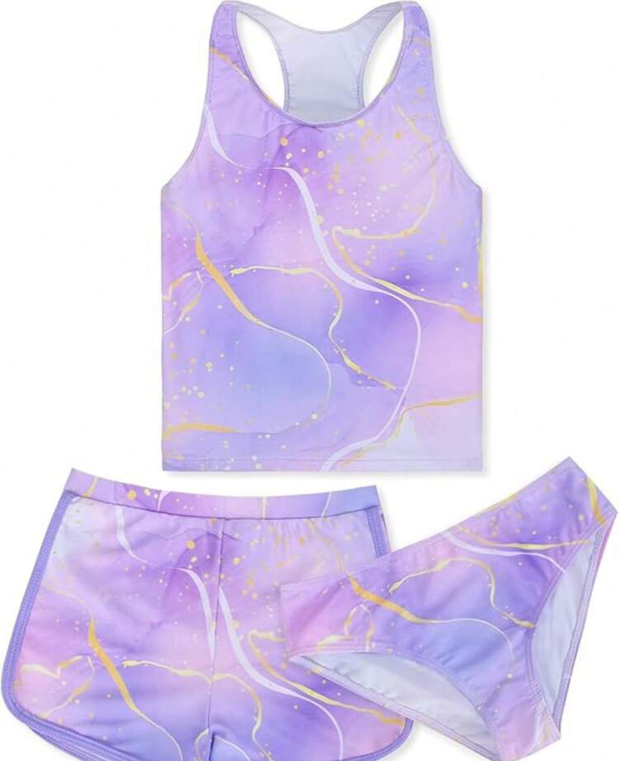 Sylfairy Girls 3 Piece Bathing Suit Summer UPF 50+ Racerback Swimsuit with Shorts Beach Tankini Sets 8-15 Years