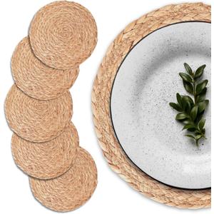 UNIGREEN Woven Placemats Set of 6,13.5" Round Rattan Placemats,Natural Hand-Woven Water Hyacinth Placemats,Farmhouse Weave Place Mats,Rustic Braided Wicker Table Mats for Dining Table,Home,Wedding