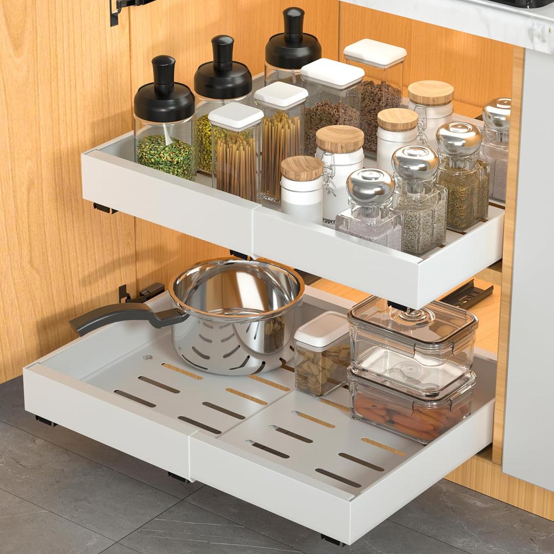 2 Pack Pull Out Cabinet Organizer Expandable, Adhesive with Nano Film, Pull Out Drawers for Cabinets in Kitchen, Pantry or Bathroom (White, 17" DEEP)