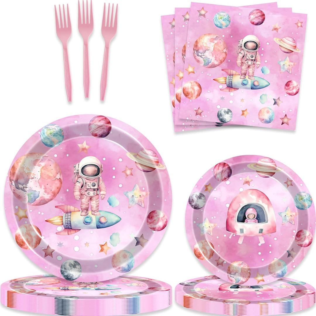 80 Pcs Outer Space Girls Birthday Decorations Astronauts Paper Dinner Plates Napkins Forks Dinnerware for Space Theme Girls Baby Shower 1st 2nd 3rd 4th Bday Party Decorations