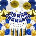 Blue and Gold Party Decorations - 50pcs Birthday Decor for Men Boy Kids with Happy Birthday Banner, Balloons, Hanging Swirls, Pom Poms, Lantern, Garland Party Supplies