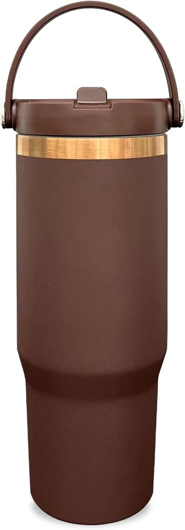 30 oz Tumbler with Handle and Straw, Vacuum Insulated Tumblers with Flip Straw and Top Handle, Leakproof Powder Coated Tumbler, Stainless Steel Travel Mug for Coffee Water (Browm, 1Pack) (Browm - Copper Plated)