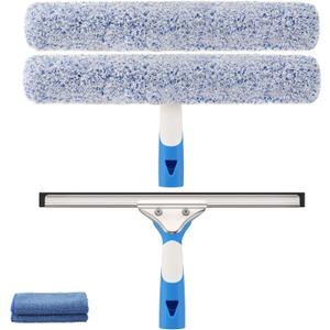 Professional Window Cleaning Kit 14IN, with Silicone Squeegee Blade, Microfiber Scrubber & Cloth, Windows Cleaning Tools, All-in-one Window Washing Supplies, Commercial & Household Use