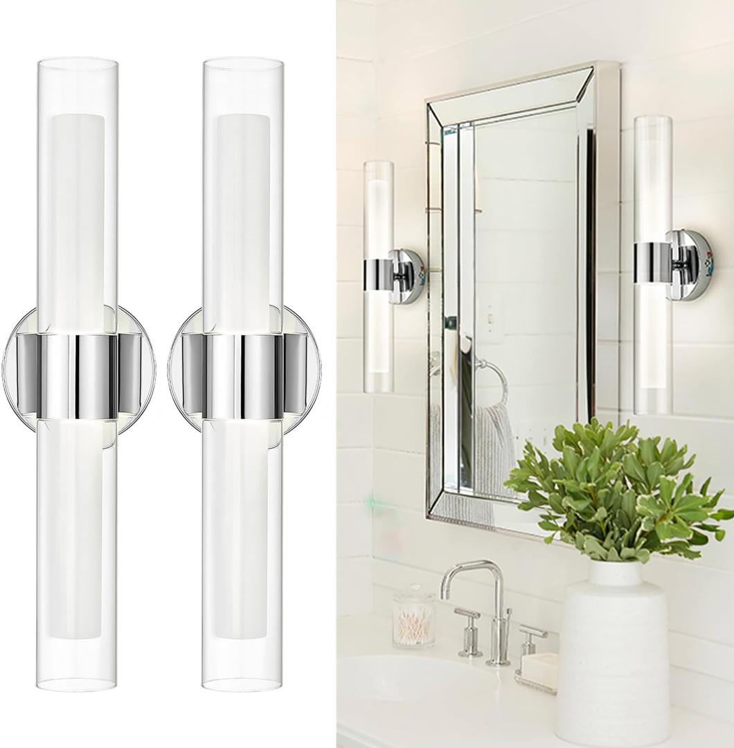 kudos Chrome Modern Sconces Wall Lighting, 2Pc Wall Sconces with Clear Glass and Frosted Glass, Modern LED Vanity Light for Bathroom, 3000K/4500K/6000K Adjustable,KDVL06-CH-2-2PK