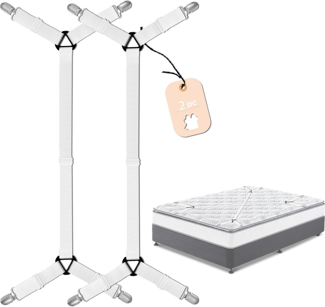 SYIPO 2 PCS Bed Sheet Straps, Adjustable Extended Bed Sheet Fasteners Fitted Sheet Clips, Nonslip Extra Strong Elastic Fasteners with Iron Clips Sheet Holder Straps | Easy Install on Bed Sheets, White