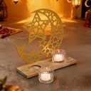 Gold Ramadan Decorations for Home, Star and Crescent Moon Silhouette Tealight Candle Holder with 2 Glass Votives, Wooden Tray Eid Mubarak Table Decor Centerpiece, Islamic Ramadan Kareem Gifts