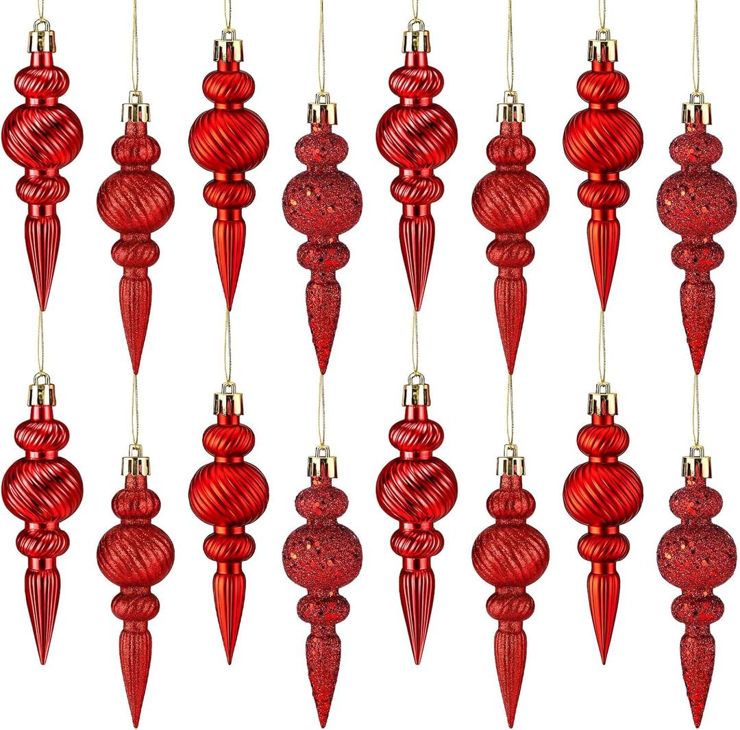 16 Pcs Red 4" Finial Drop Christmas Ornament Hanging Christmas Finial Ornaments Plastic Shatterproof Decor for Xmas Tree Winter Holiday Party Supplies, Shiny, Matte, Glitter, Sequin