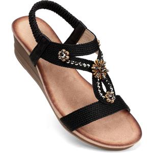 SHIBEVER Womens Wedge Sandals Flower Low Heel Dressy Sandals Elastic Ankle Strap Rhinestone Summer Comfortable Shoe (9, 2657-black)