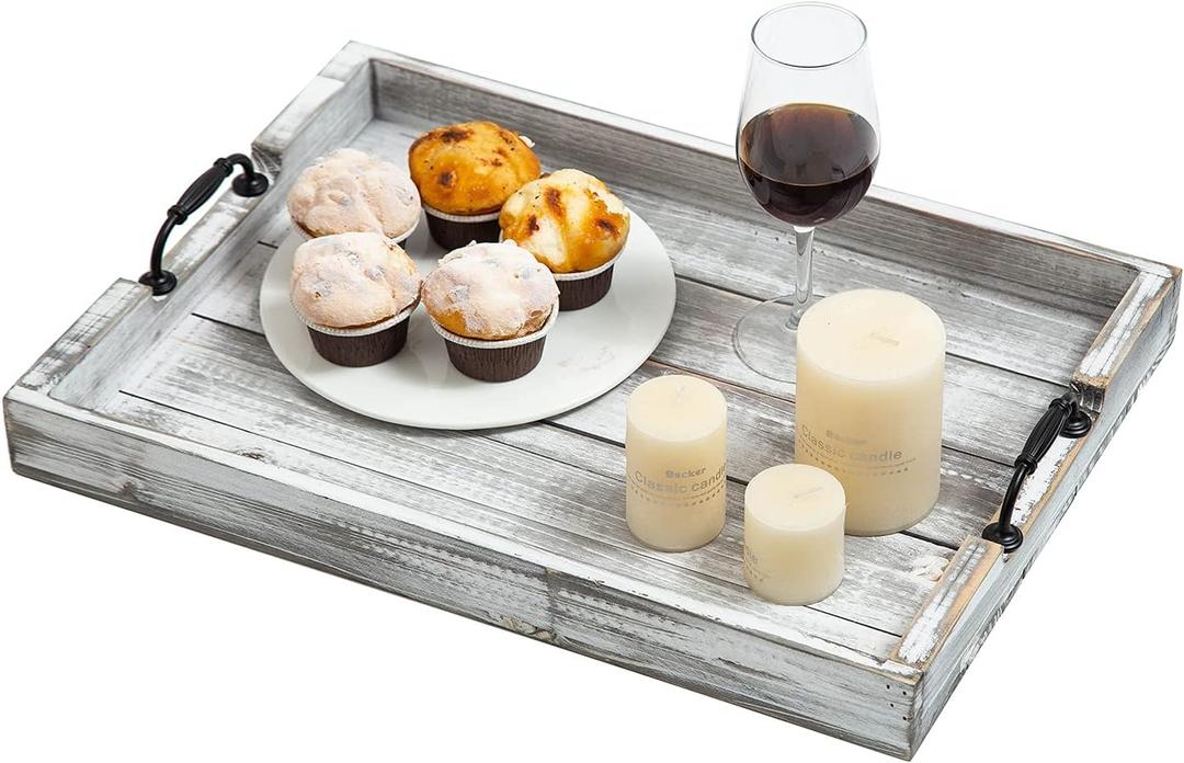Rustic Vintage Big Wood Food Serving Trays with cutout Metal Handles(20 Inches) large Nesting Board Decorative Serving Trays Platter for Breakfast in Bed, Ottoman, Coffee Table, BBQ, Party (Gray white)