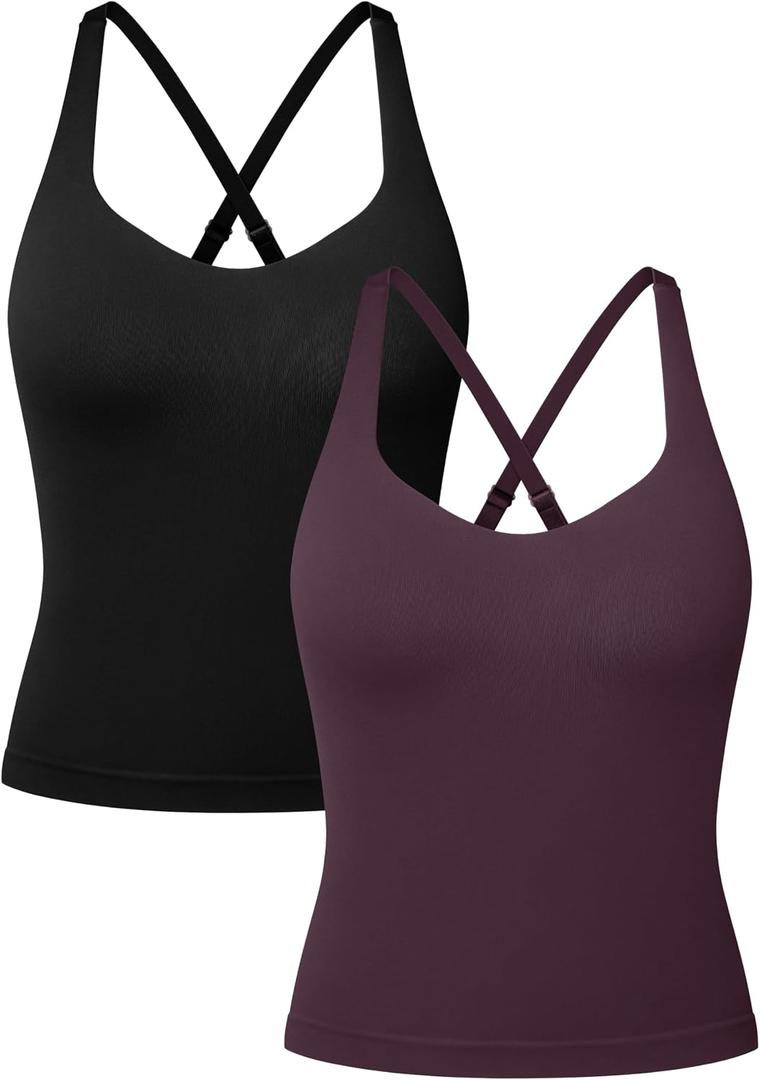 OQQ V Neck Cross Back Sports Bra for Women Padded Adjustable Straps Medium Impact Gym Workout Tank Top 2 Pack, L