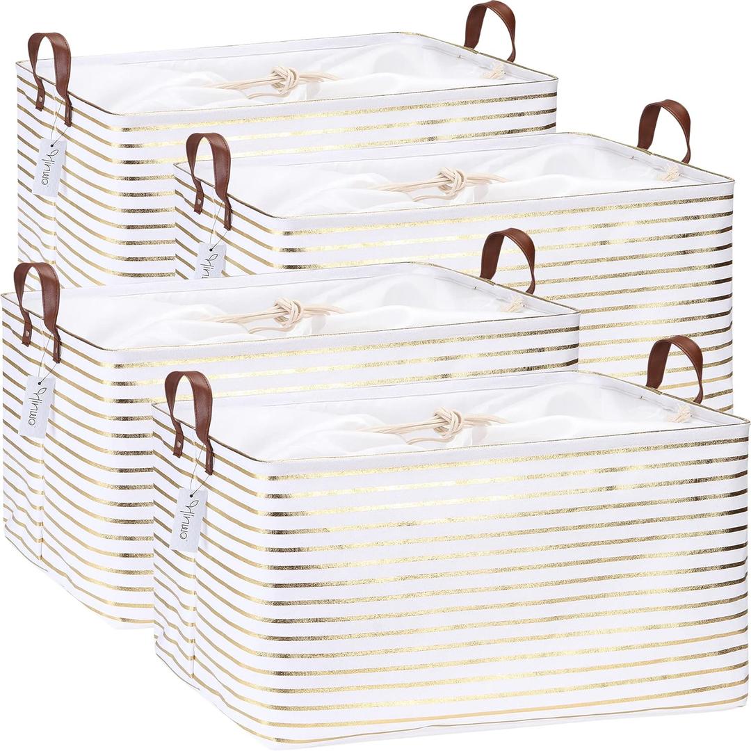 Hinwo 70L Extra Large Storage Bins, 4-Pack Closet Organizers and Storage, Foldable Clothes Storage Baskets with Handles, Containers for Clothing, Blanket, Comforters, Toys, Bedding (Gold Stripe)