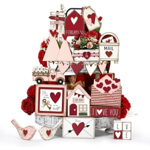 Maitys 21 Pcs Valentine's Day Tiered Tray Decor Set Valentines Heart Rose Arrow Romantic Wood Sign Rustic Farmhouse Sweet Wooden Tabletop Sign Tray Centerpieces for Valentine Day Party Favor Gifts