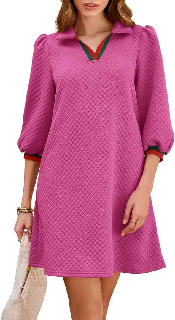 Wenrine Womens 3/4 Sleeve Mini Dress Casual V Neck Collared Textured Loose Fall A Line Argyle Dresses with Pockets (Pink)